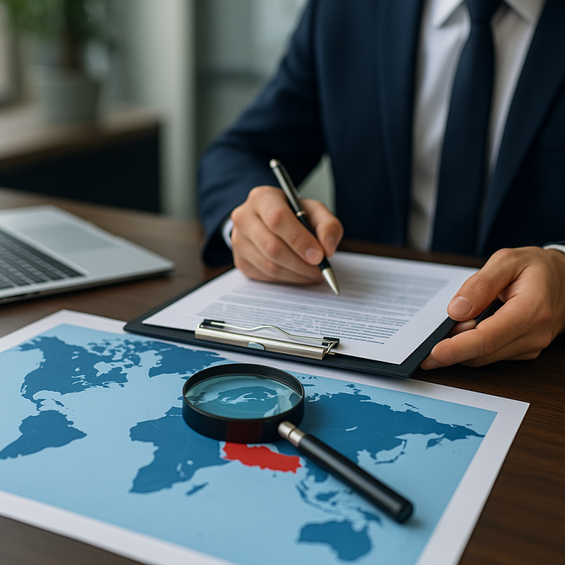 A professional investor reviewing documents with a world map highlighting Turkey under a magnifying glass — symbolizing company formation and business types in Turkey.