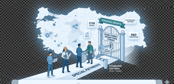 A professional CPA infographic illustrating work permit exemptions in Turkey, showing specialized pathways for key personnel and strategic investors, with a background of a Turkey map and financial data points.