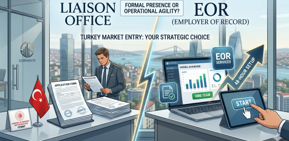 Conceptual comparison between EOR vs Liaison Office Turkey showing official establishment versus agile digital hiring speed.