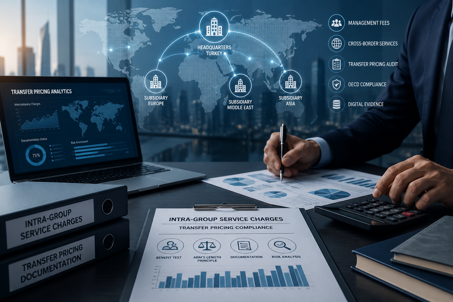 Corporate transfer pricing audit analysis showing intra-group service charges, management fee documentation, and international tax compliance for multinational companies in Turkey.