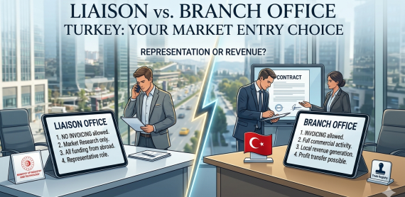 Comparison chart of Liaison Office vs Branch Office Turkey showing differences in invoicing, market research, and profit transfer against an Istanbul business district background.