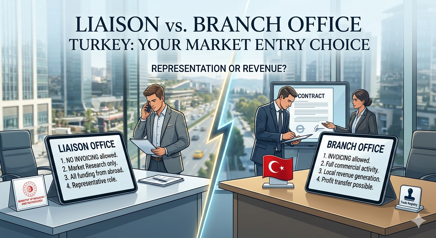 Comparison chart of Liaison Office vs Branch Office Turkey showing differences in invoicing, market research, and profit transfer against an Istanbul business district background.
