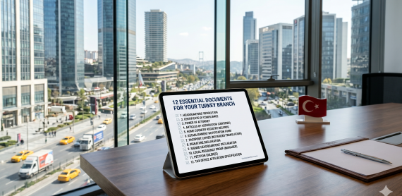 A checklist of documents for opening a branch office in Turkey displayed on a tablet in a professional office setting.